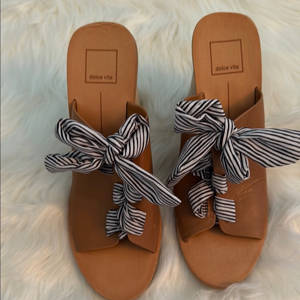 Dolce Vita Tan and Black Sandals with Striped Bow